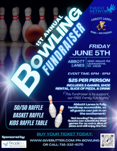 Poster for a bowling fundraiser with bowling pins, ball, and diagonal '1st Annual Bowling Fundraiser' text; event details appear on the right (date, time, location).