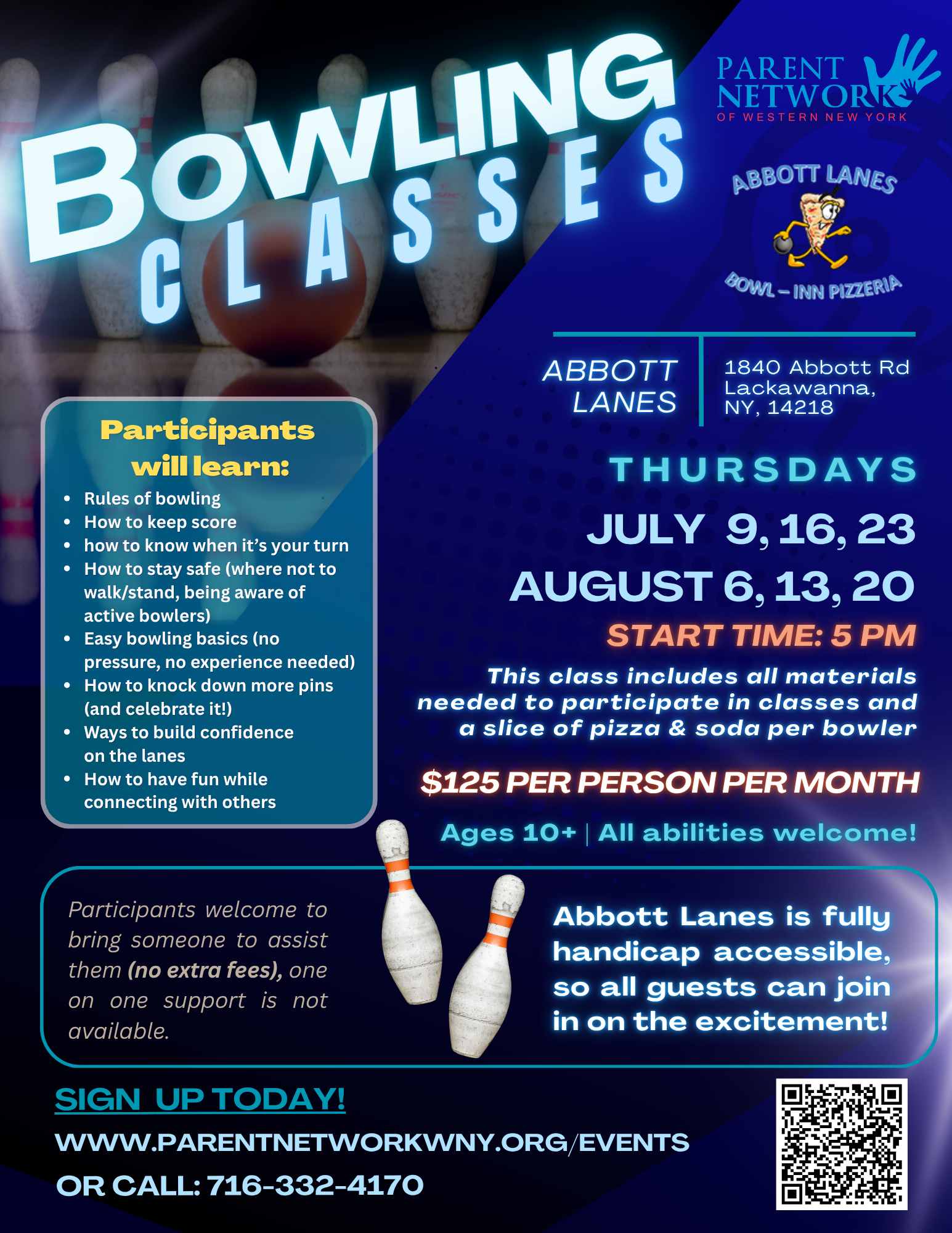 Poster advertising Bowling Classes at Abbott Lanes: features bowling imagery, logos, dates (Thursdays July–Aug), start time 5 PM, PIN icons, and a blue rounded information panel with participant goals and safety tips.