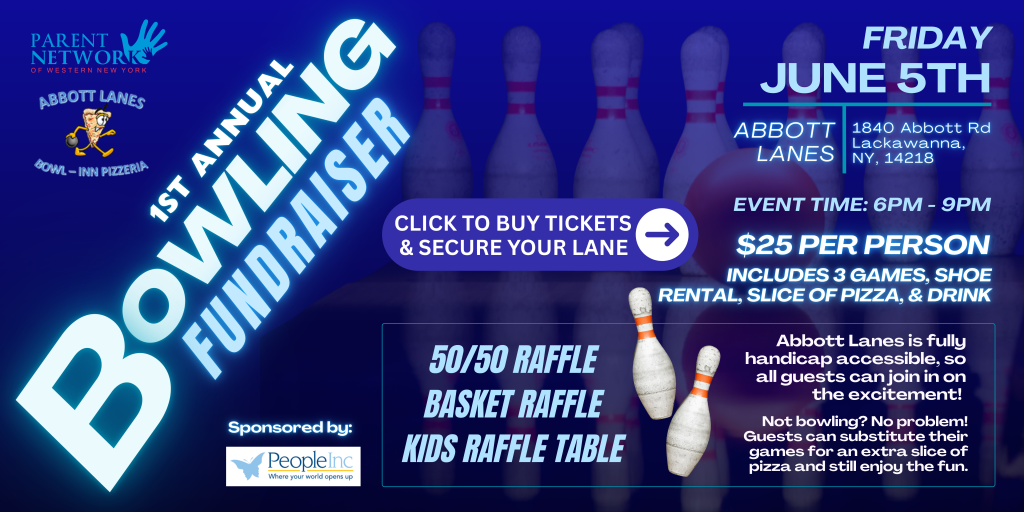 Promotional banner for a bowling fundraiser: Friday June 5th at Abbott Lanes (1840 Abbott Rd, Lackawanna, NY), 6–9 PM, $25 per person includes games, shoe rental, pizza, and drink with a CTA to buy tickets.